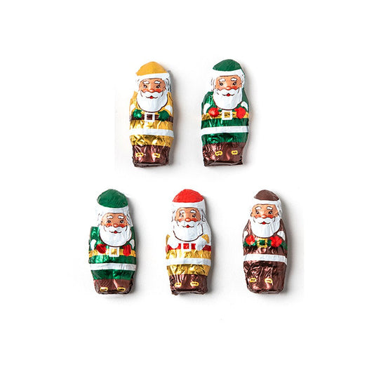 Five small Santa Claus figurines on a white background