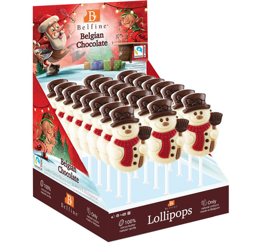 BELFINE BELGIAN CHOC FROSTY SNOWMAN WHITE/MILK CHOC LOLLIPOP