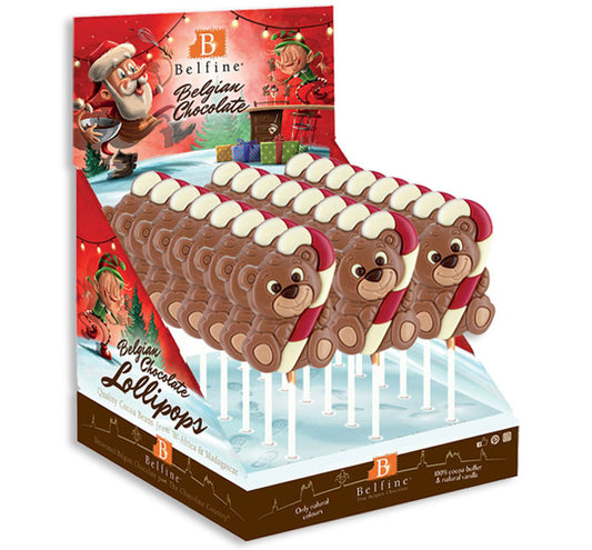 BELFINE CANDY CANE BEAR MILK CHOC LOLLIPOP