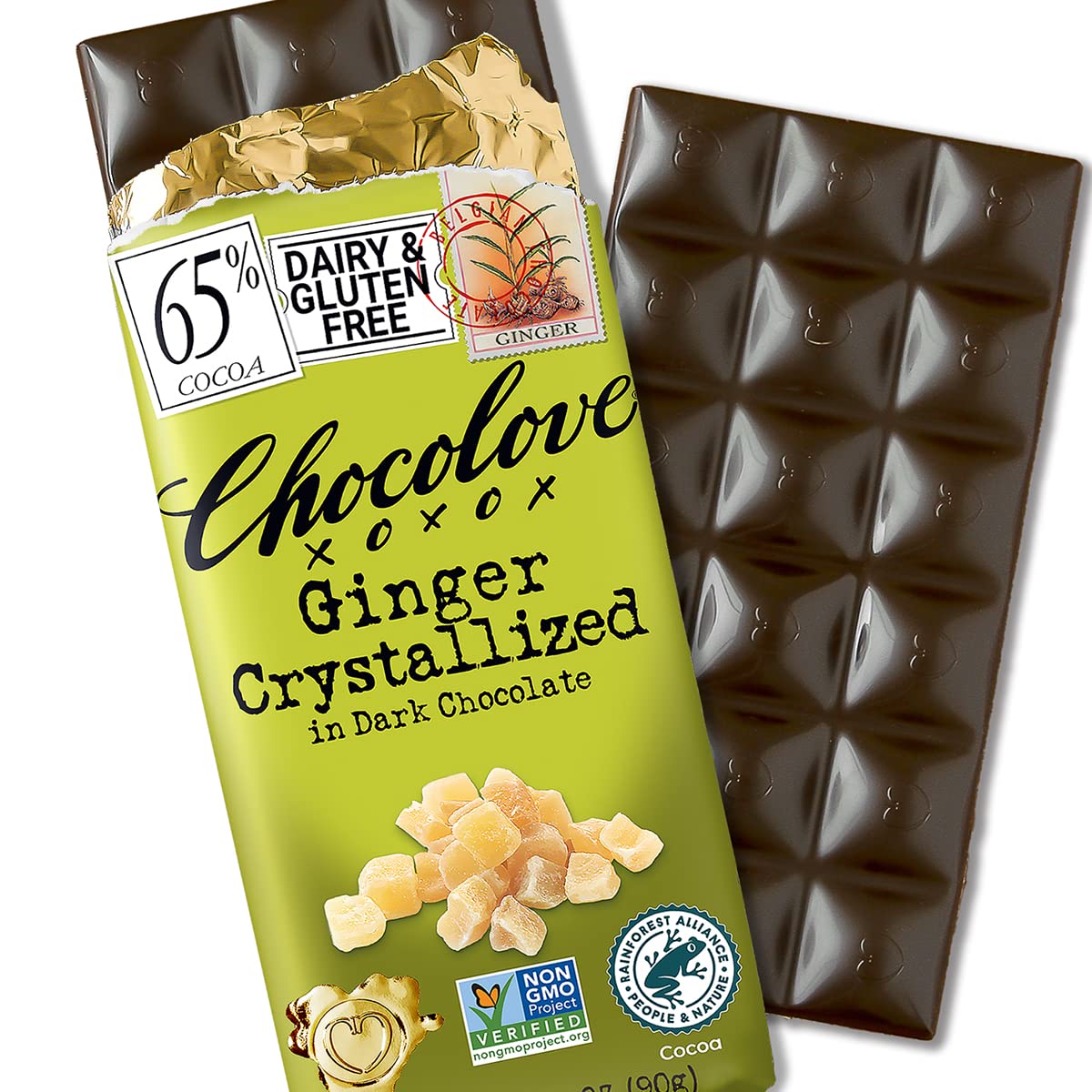 CHOCOLOVE CRYSTALLIZED GINGER IN 65% DARK CHOCOLATE 3.2 OZ BAR