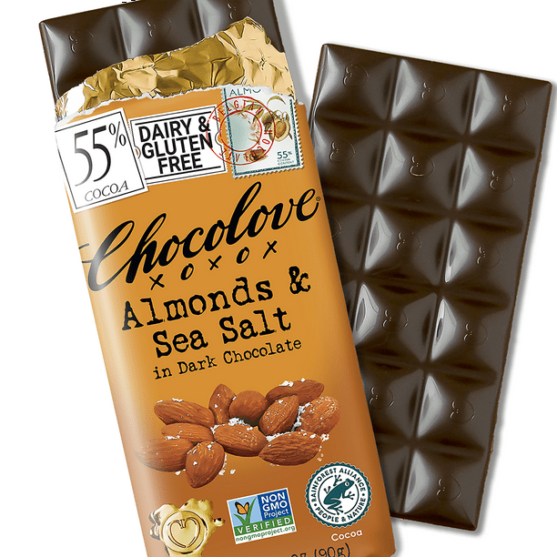 CHOCOLOVE ALMONDS & SEA SALT IN DARK CHOCOLATE 3.2 OZ BAR