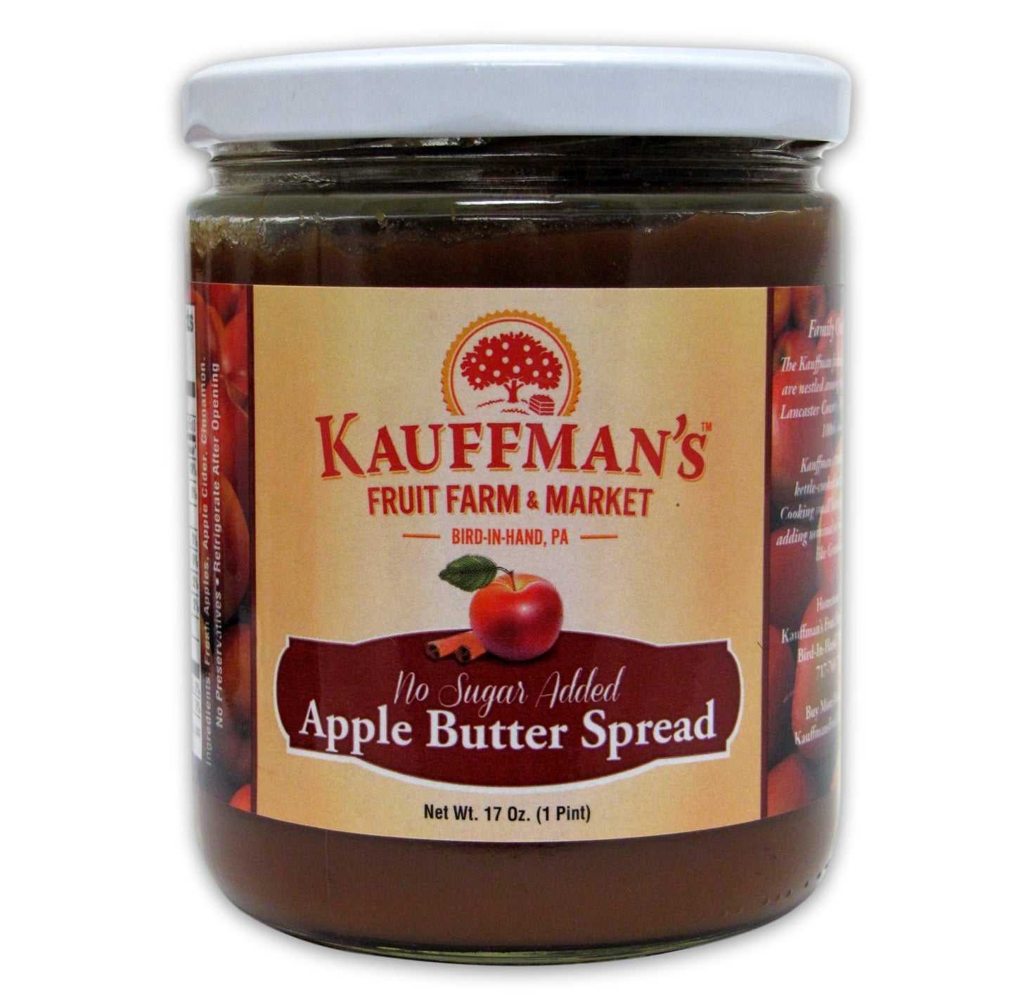Kauffman's Apple Butter Spread, No Sugar Added,  No Spice 17 oz Jar